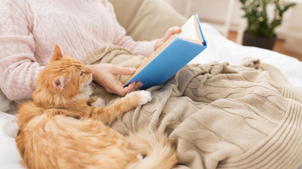 Woman cuddling with cat while reading